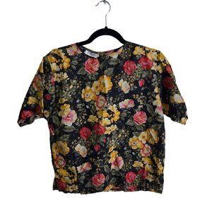 Royal Silk Vintage Made In India Black Floral Short Sleeve Blouse Size M